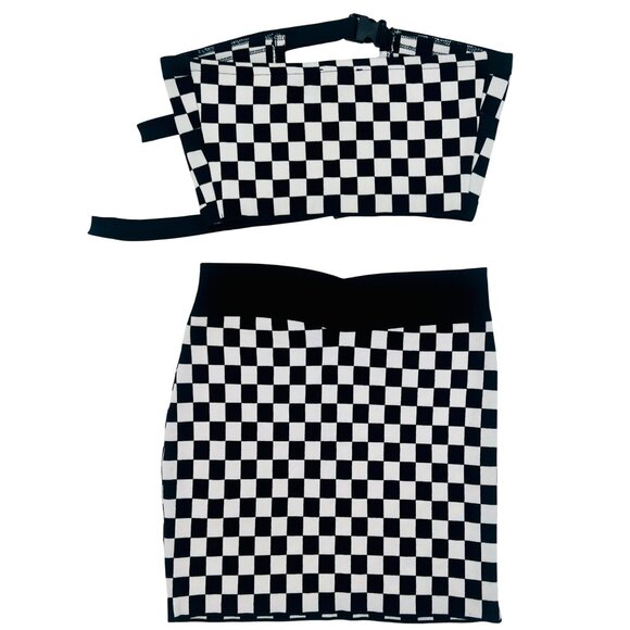 Checkered Black & White Buckle Front Crop Top & Mini Skirt Rave EDM 2 Piece Set - Picture 11 of 16